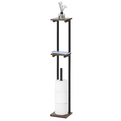 Sunny Point Freestanding Toilet Paper Stand with Wooden Shelf, Slim, Smartphone Holder, and Tissue Holder for Gap Storage (Black, 2 Tiers)