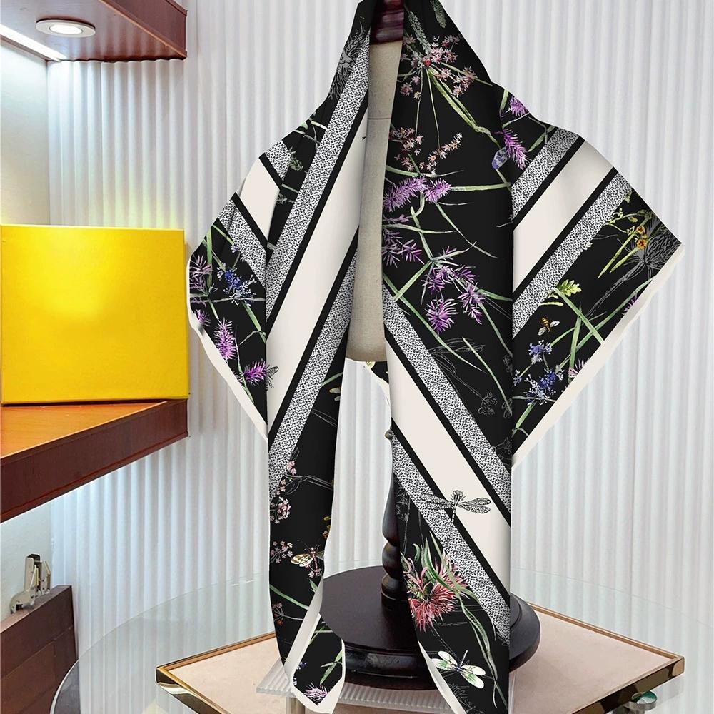 90x90cm High-quality Twill Silk Tourist Scarfs Ladies Floral Square Shawl and Scarf Dragonfly Bandana Hijab Foulard