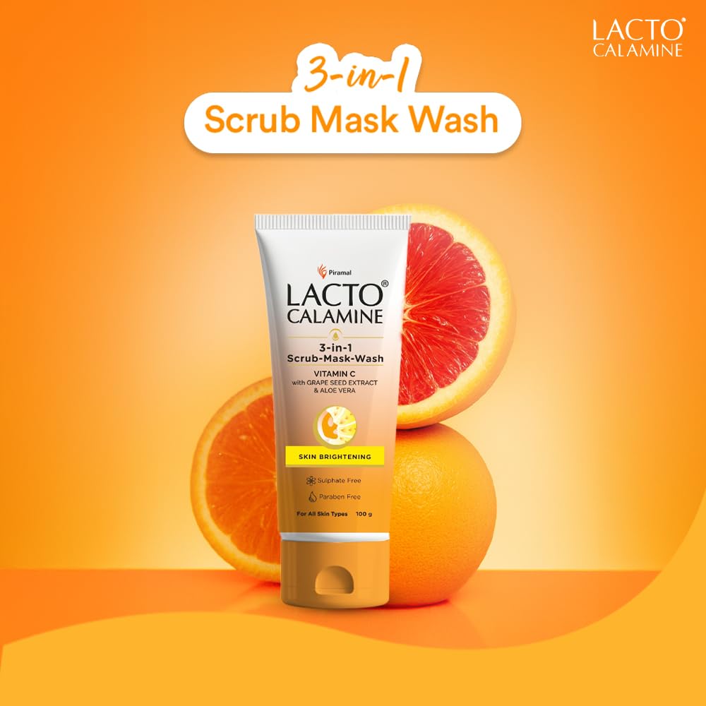 Lacto Calamine 3-in-1 Vitamin C Face Scrub Mask Wash 100ml Pack of 1 for Skin Brightening Glow