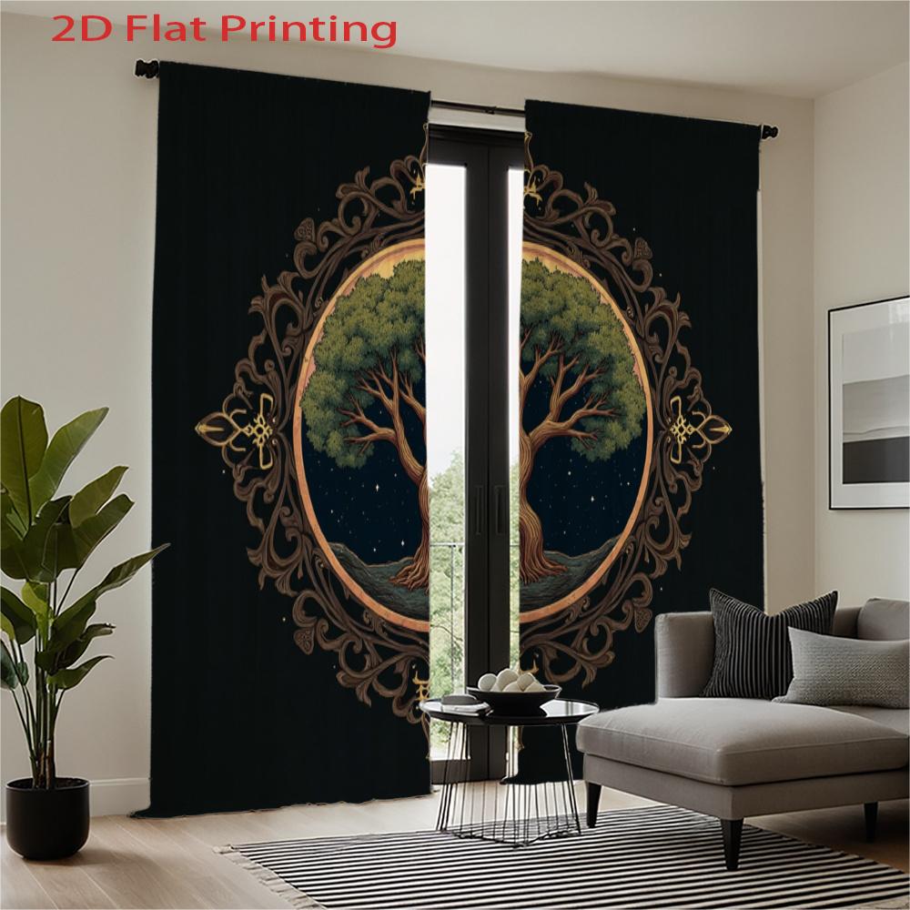 Set Of 2 Flat Printing Curtains Dark Background Tree Circle Ornate Frame Fantasy Style Home Decor Polyester Curtain