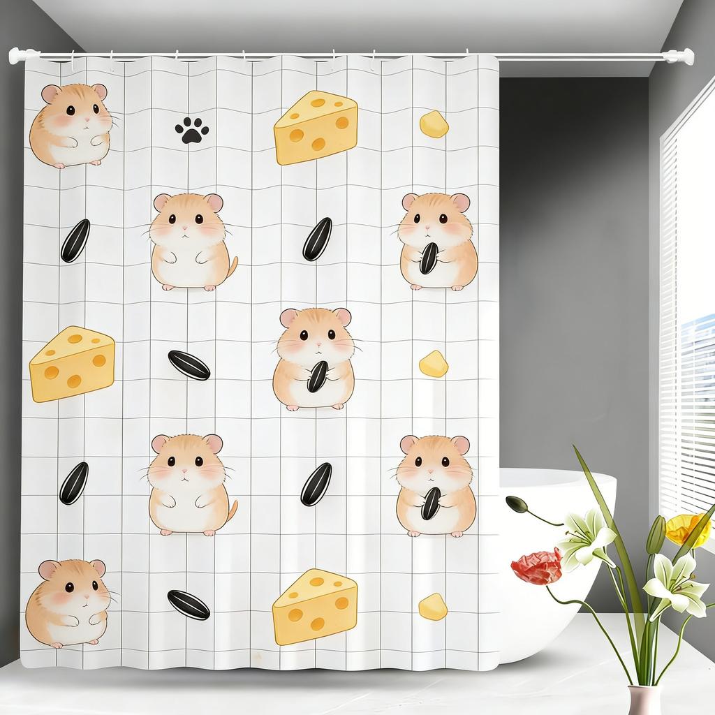 Cute Cartoon Puppies & Kittens Shower Curtain - Waterproof Polyester with Hearts & Yarn Balls On White Grid