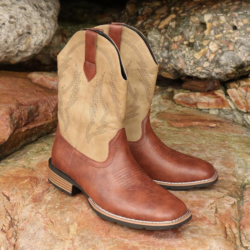 Men's Classic Retro Western Cowboy Boots Mens Patchwork Embroidery Mid-Calf Leather Boot Designer Casual Shoes for Men