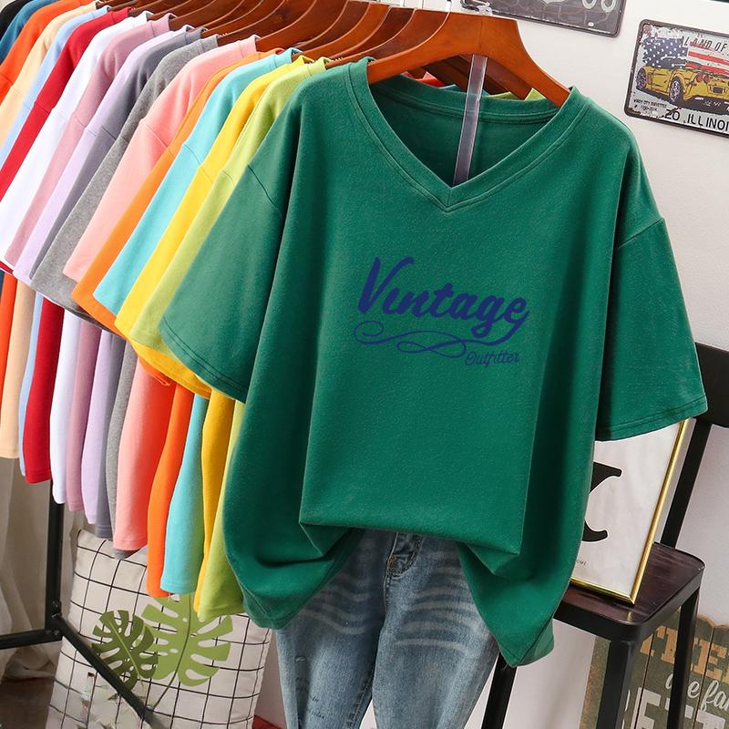 Dámské tričko s krátkým rukávem, Velká velikost, Volné a zeštíhlující, Potištěný top s výstřihem do V