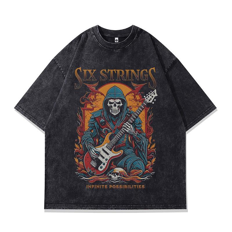 European And American High Street Vintage Rock Style Skull Print Oversize Washed Old Cotton Short-Sleeved T-Shirt Men