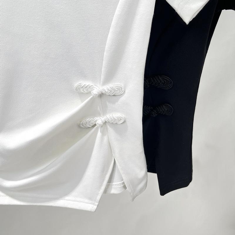New Chinese Short-sleeved T-shirt for Women's New Women's Round Neck White Cotton T-shirt Chinese Style Buckle Slit Top