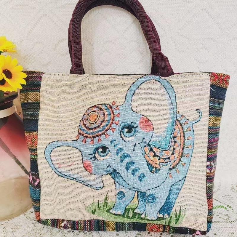 Canvas bag, women's large-capacity double-sided embroidered animal handbag, mommy bag, go shopping, handbag