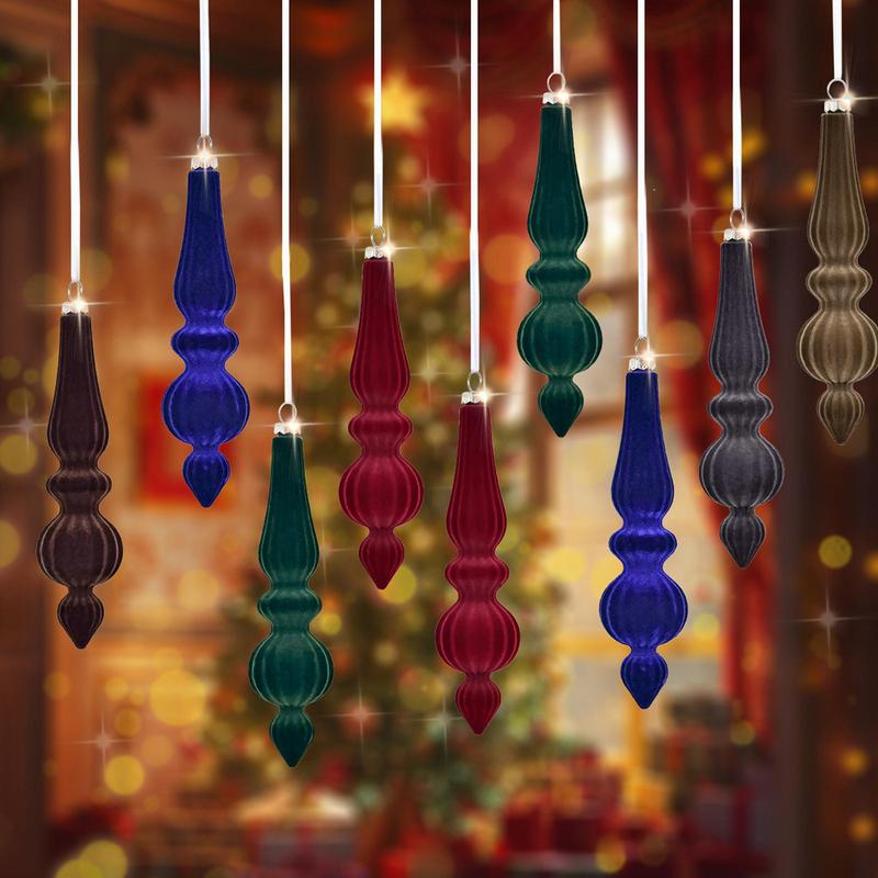 6pcs Flocked Velvet Christmas Gourd Pendant Shatterproof Plastic Christmas Cone Ball Set Reusable Xmas Tree Hanging Ornaments