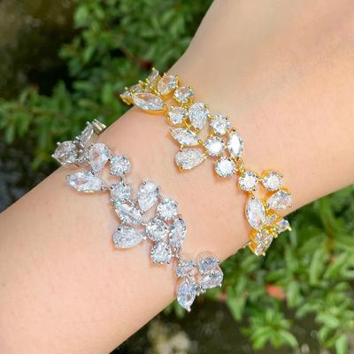 Shiny Zircon Asymmetrical Leaf Bracelet Bridal Wedding Jewelry Birthday Gift