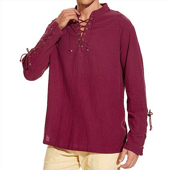 

Мужская льняная рубашка с длинным рукавом хенли из хлопка 2023 года - воротник-стойка, повседневный пляжный стиль, европейский размер. Medium вино красного