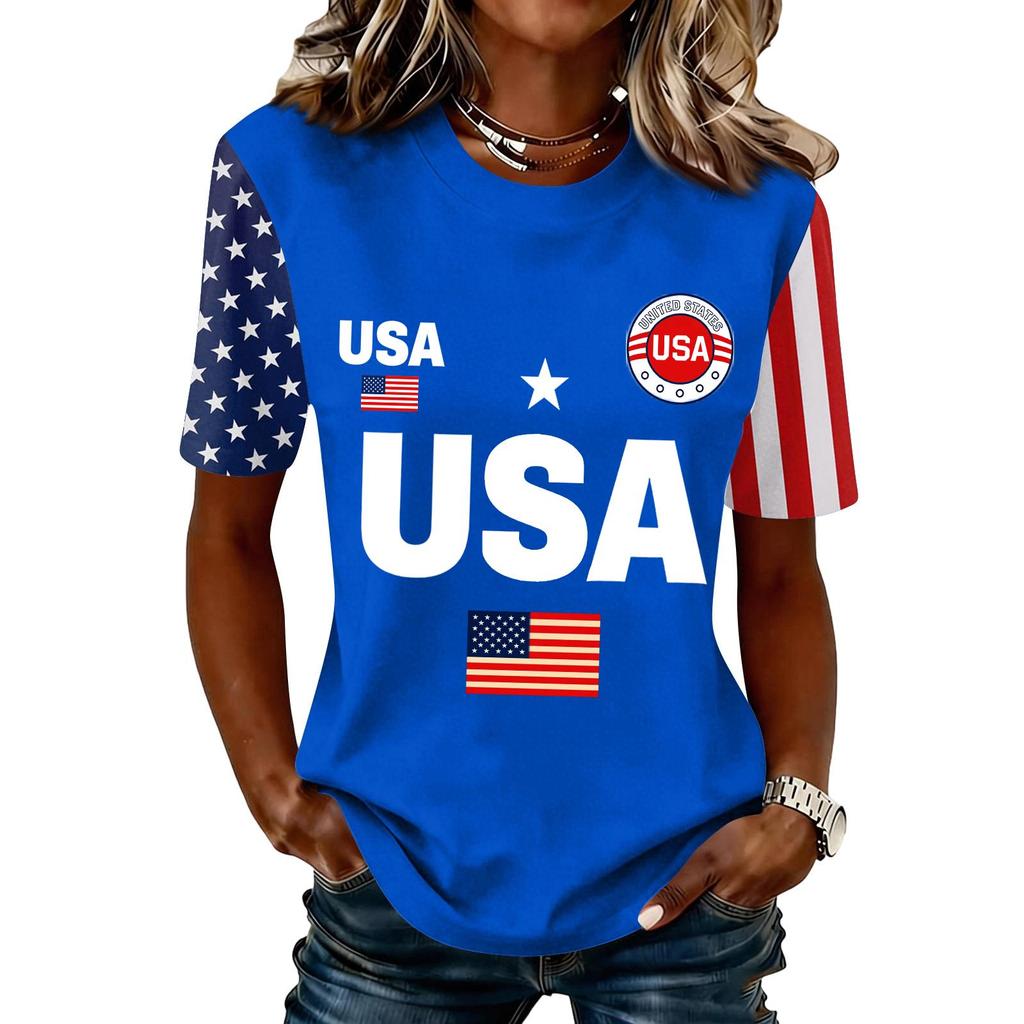 Blusa Feminina da Moda Casual de Manga Curta com Estampa e Gola Redonda