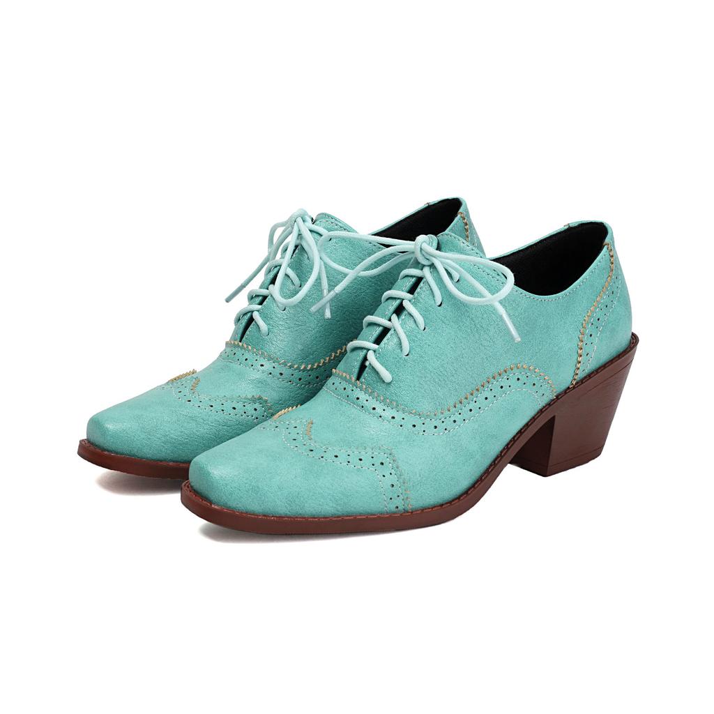 Damen Perforierte Brogues Oxfords Klobige Hohe Absätze Schuhe Quadratische Zehenpartie Schnürschuhe Vintage Pumps für Roaring 20’s Kostümparty