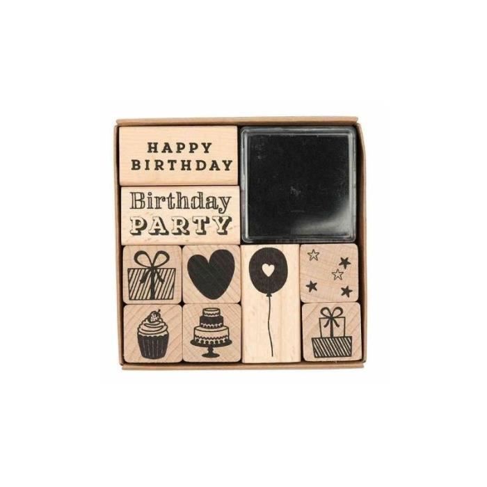 Set de sellos de madera - Rico Design - Paper Poetry - Cumpleaños - 9 sellos - Almohadilla de tinta negra