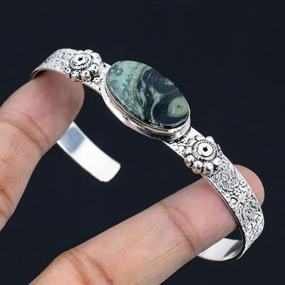 Natural Kambaba Jasper Gemstone Bangle Adjustable 925 Sterling Silver For Girls