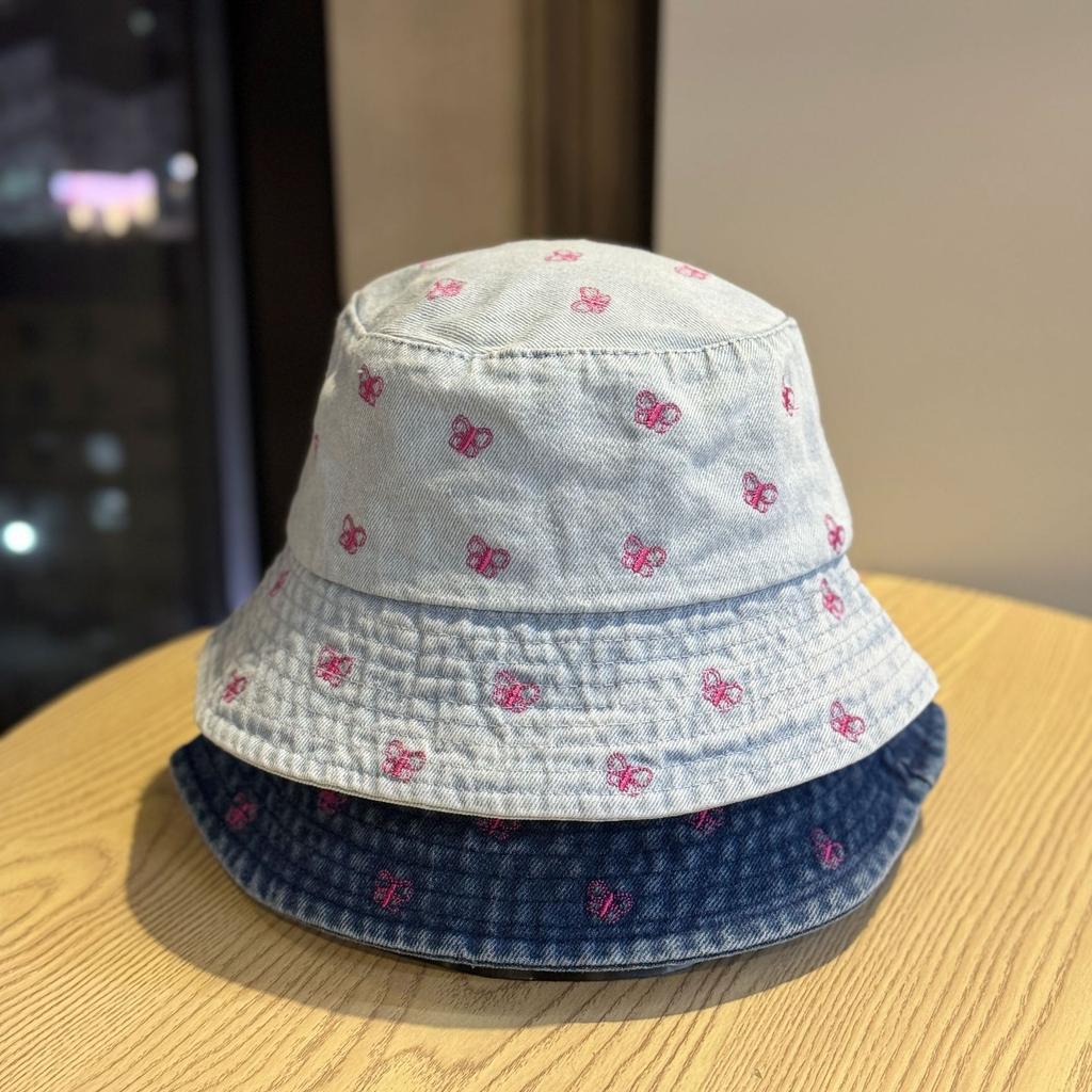 Spring and Summer New Butterfly Embroidered Denim Bucket Hat Women Show Small Face Fashion Casual Basin Hat Sunscreen Sun Hat Tide