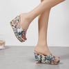 Large size slope heel fish mouth cool slippers women's fashion floral thick bottom one-word slippers