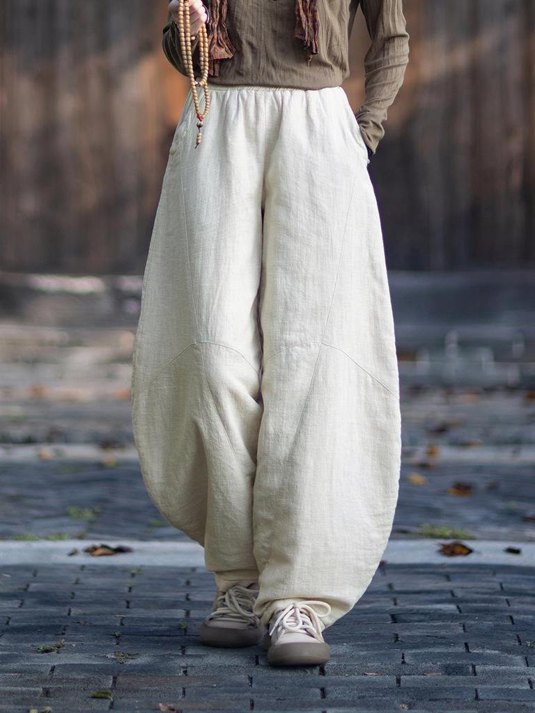 Women's Retro Ramie Sand-Washed Distressed Loose Lantern Pants for Meditation and Tai Chi