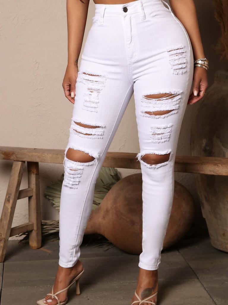 New Black and White Elastic Hole Denim Jeans Women's Slim Fit Pants