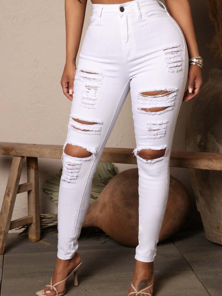 

New Black and White Elastic Hole Denim Jeans Women s Slim Fit Pants 2XL білий
