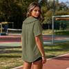 Women Summer Short Sleeve Shirt Dress Style Blouse Ruffle Collar Button Front Closure Casual Loose Fit Textured Top