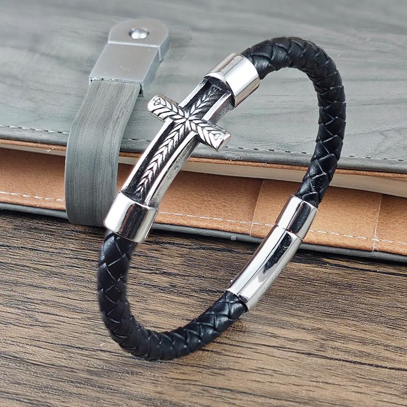 Simple Leather Bracelet Cross Popular Carved with Wheat Ear Pattern Men's Bracelet for Men Stainless Steel Clasp Jewelry Gift