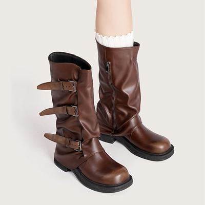 Mode Vintage Weiches Leder Gürtelriemen Schnalle Wadenmitte Damen Motorradstiefel Mode Dicke Hohe Absätze Herbst Winter Ritter Stiefeletten