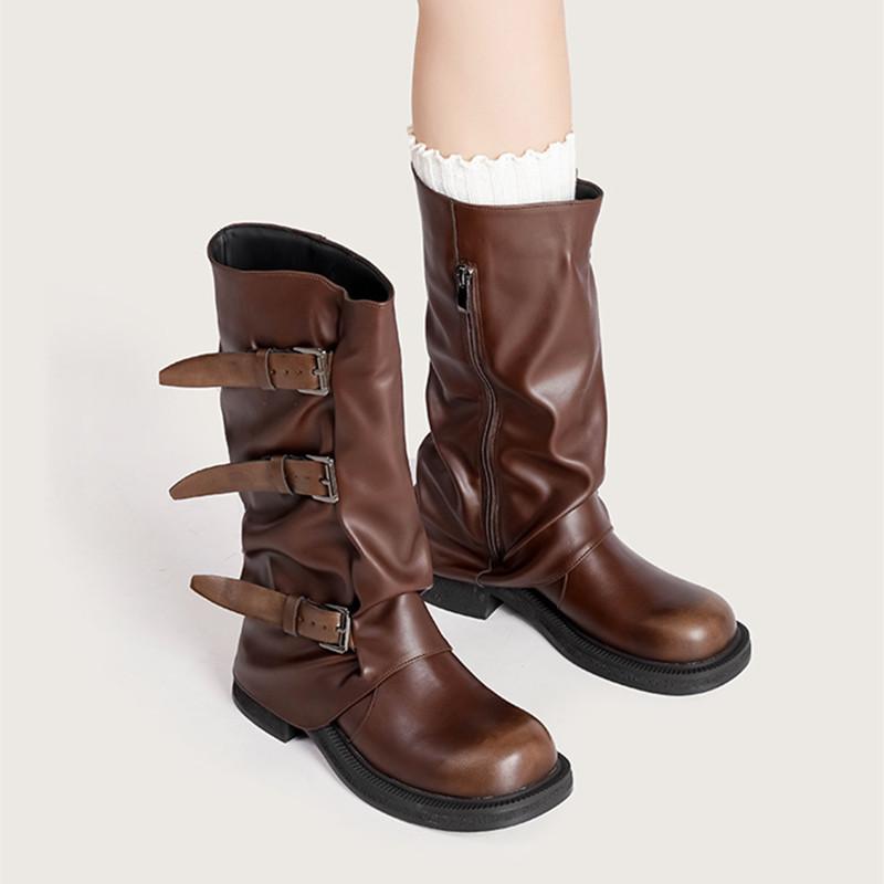 Vintage Soft Leather Belt Strap Buckle Mid-Calf Women Motorcycle Boots Fashion Thick High Heels Autumn Winter Knight Booties
