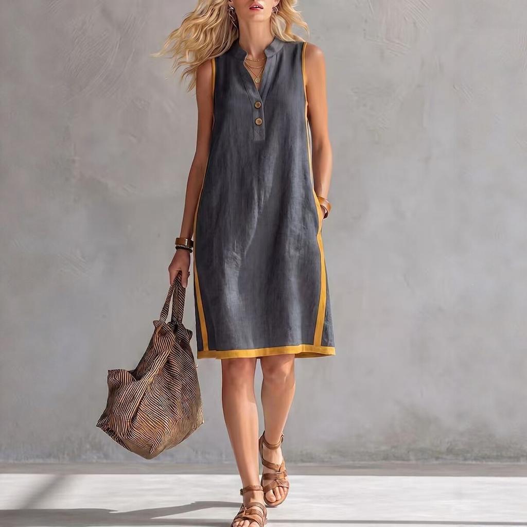2026 new European and American style V-neck sleeveless cotton and linen dress summer loose casual temperament mid-skirt beach vacation