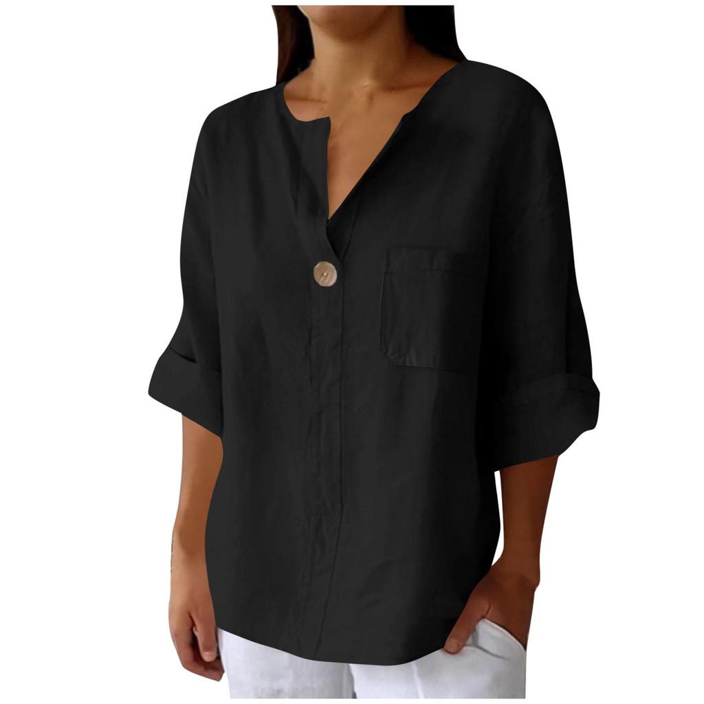 Women's 2025 Summer V-Neck Cotton Linen Button T-Shirt: Loose Fit