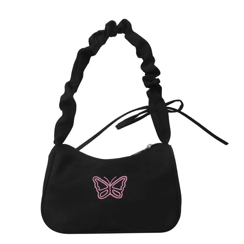 

Embroidery Bowknot Butterfly Shoulder Bag Y2k-Style Ruffle Handle Nyl Bow Tote Bag Makeup Lipstick Bag Handbag New