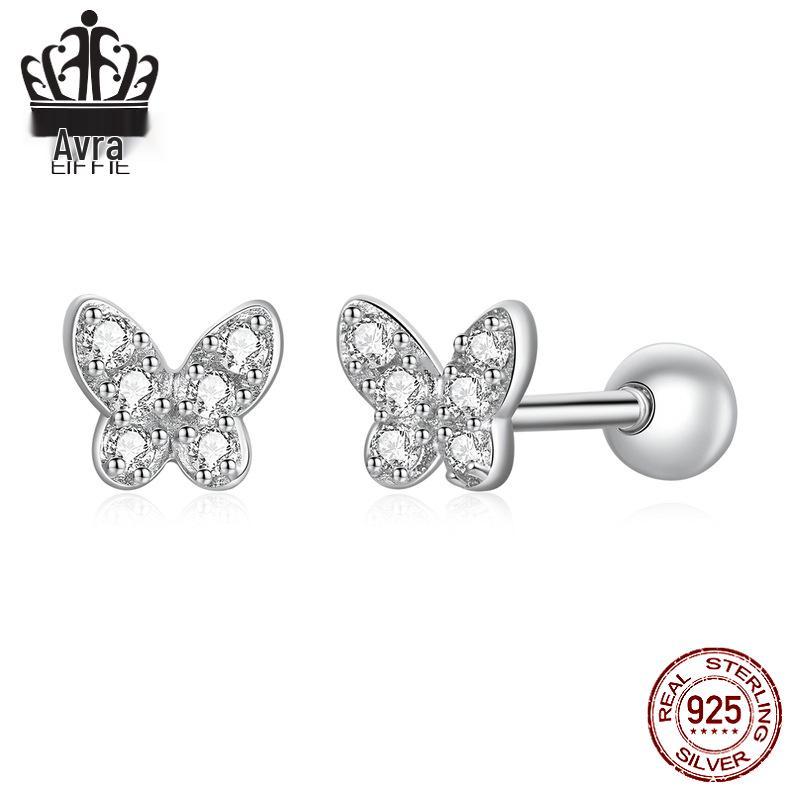 Sterling Silver S925 Simple Butterfly Earrings with White Gold Plated Zircon