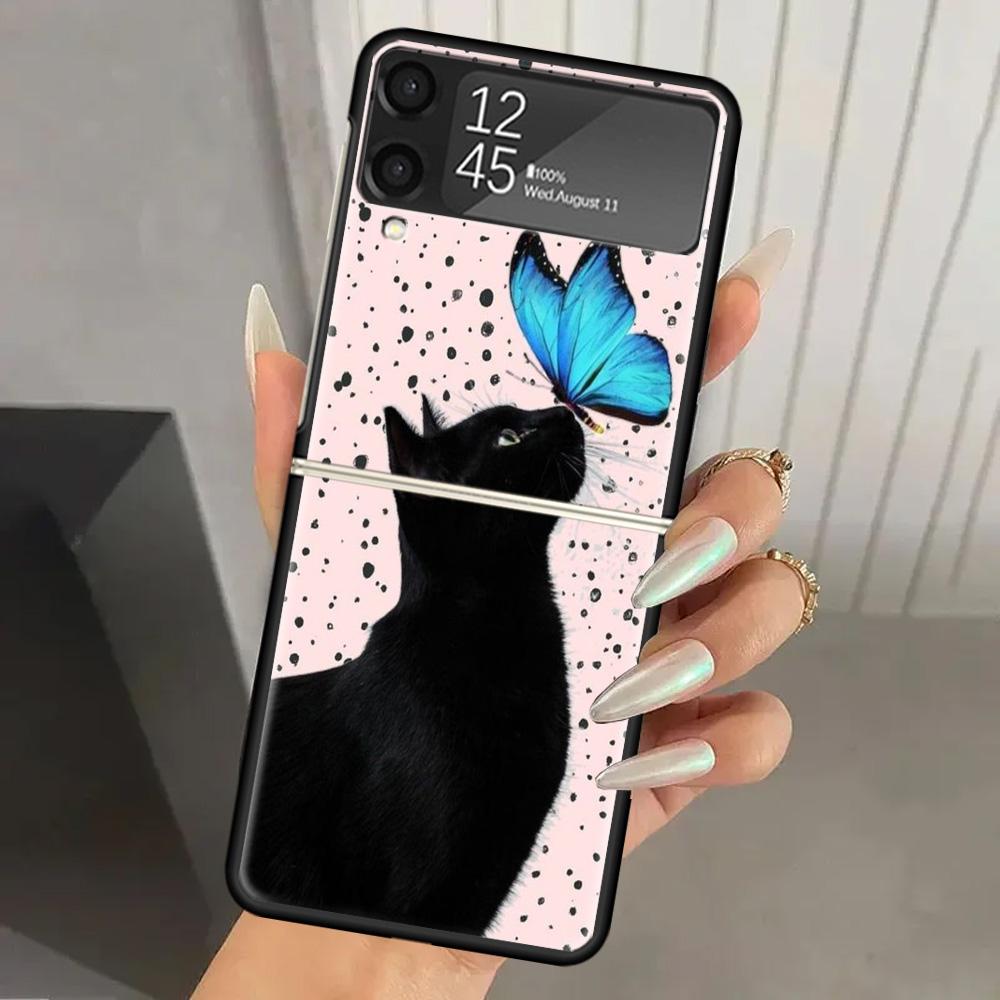 Black Cat Cartoon Cute Hard PC Phone Case For Samsung Galaxy Z Flip 7 6 5 4 3 Black ZFlip7 ZFlip6 Flip5 Flip4 Flip3 5G Print Cov