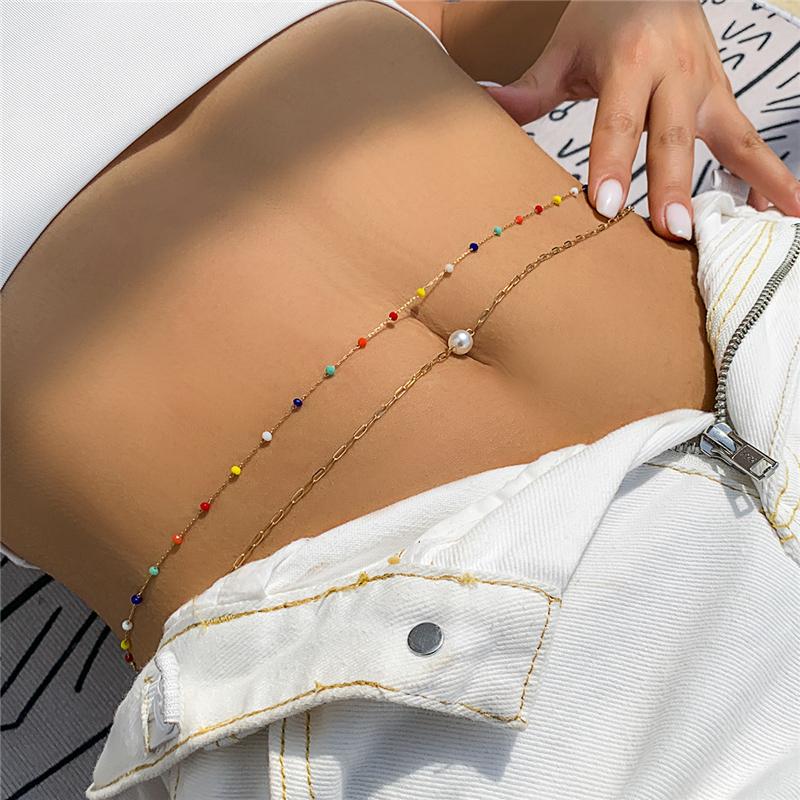 Bohemian Colorful Crystal Sexy Double Layered Fashion Body Chain European and American Fine Chain Pearl Spicy Girl Waist Chain
