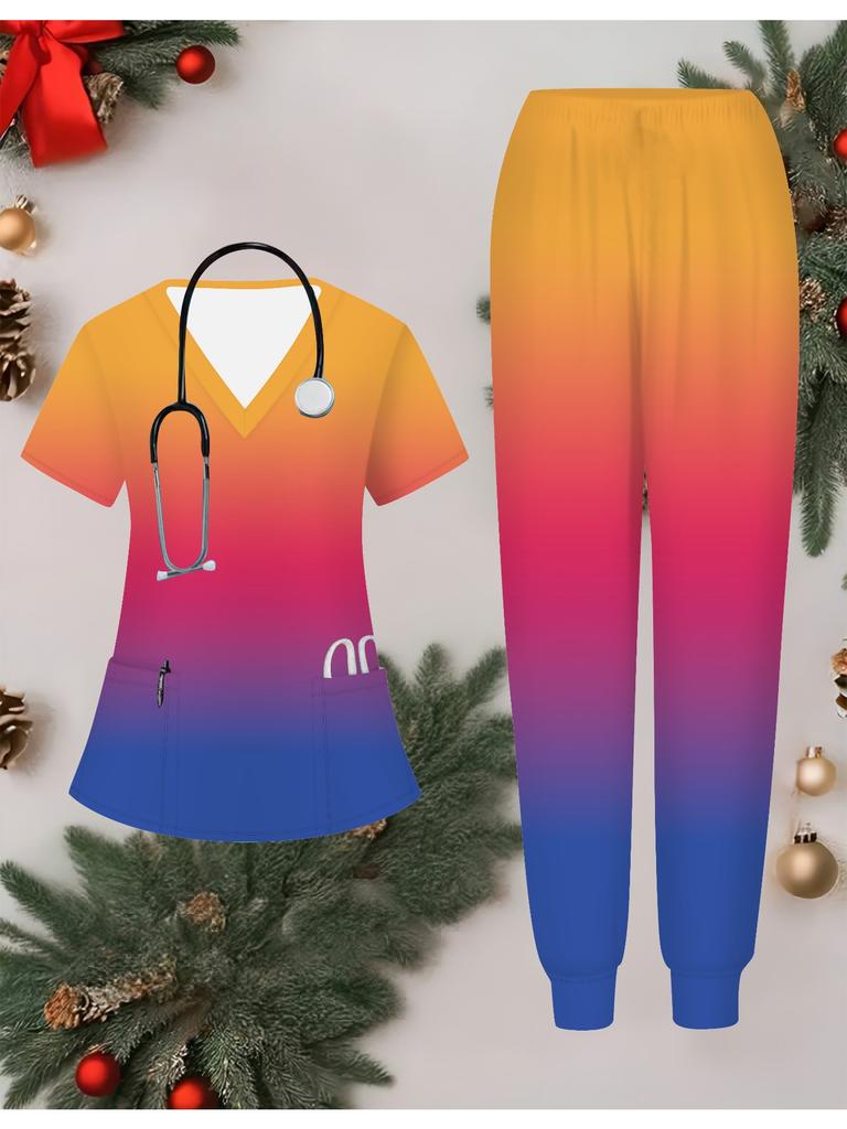 3D Gradient Color Printed Women's Nurse Uniform Set Short Sleeve Long Pants with Pocket Casual Fashionable Christmas Gift