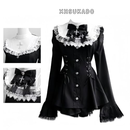 [XHSUKADO] Lace-up "Jirai-kei" (Landmine) Style Dress for Women - Cute Long Sleeves, Detachable Cross Ribbon Brooch, Frills, Lace, Flared Sleeves, A-l