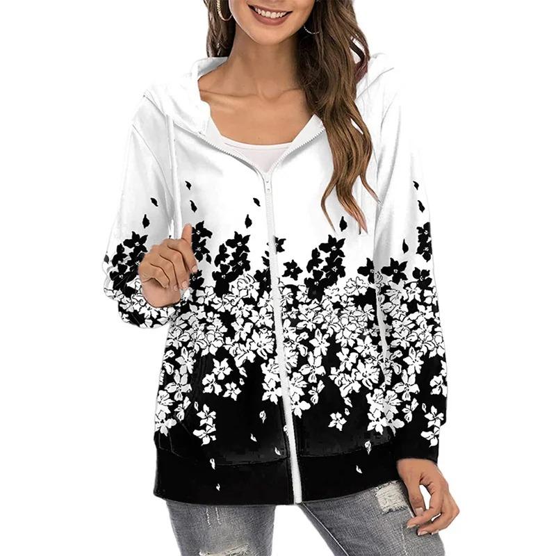 Women Fashion Loose Casual Thin Zip Up Hoodie Jacket Drawstring Printed Long Sleeve Sweatshirts Autumn Winter Female Blouse