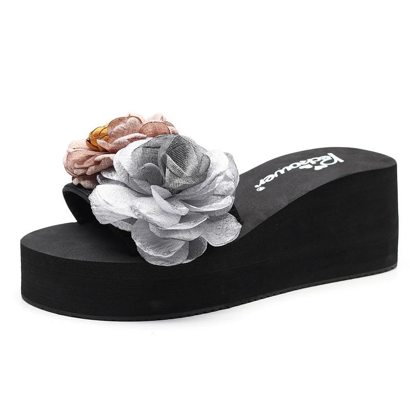 Fashion Flowers Slippers Women Platform Shoes Summer Wedges Fresh 2025 Korean New Beach Flip Flops Anti-skid Sweet Girls Slides Casual