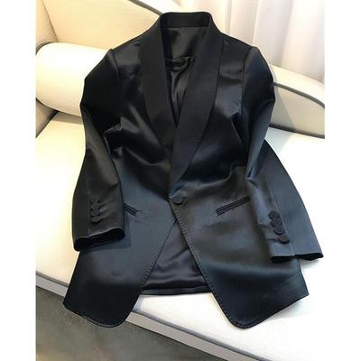 Women's Black Retro Satin Suit Jacket - Spring/Autumn Casual Mid-Length