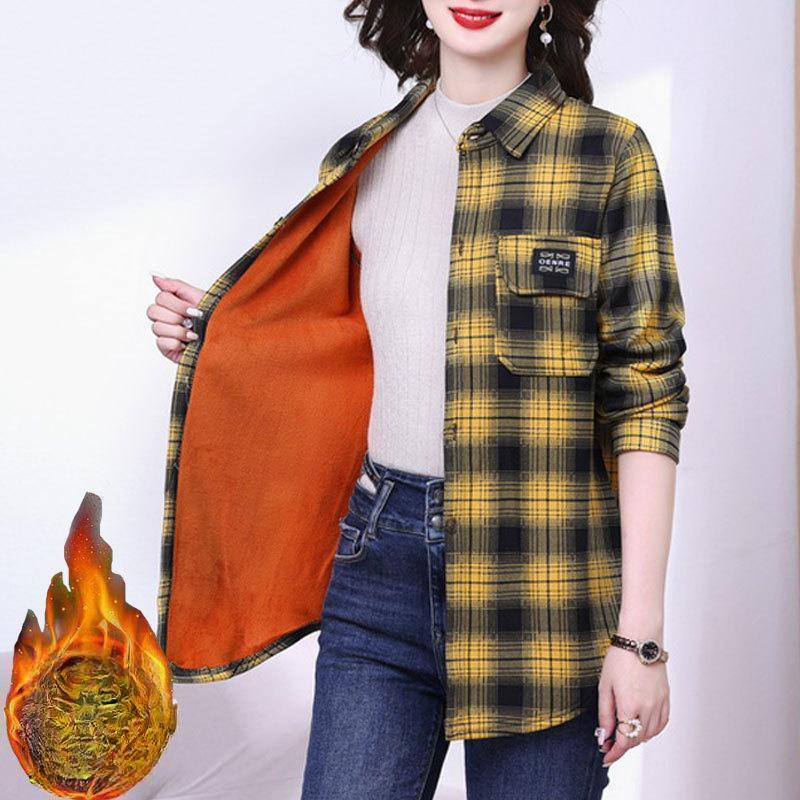 Women's Autumn and Winter Plus Velvet Long-sleeved Shirt Blouse Plaid Shirt