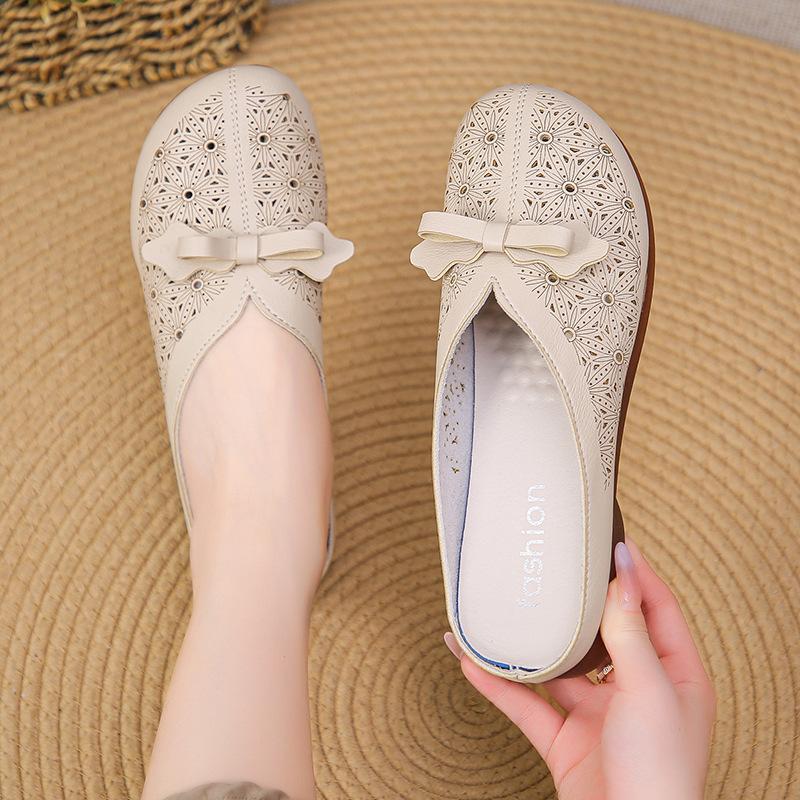 Flat Hollowing Baotou Sandal Summer Outer Wear Big Size Slippers Female 40-41 Breathable New 2024 Bowknot Non-slip Beach Shoes 36 бежевый 2830₽