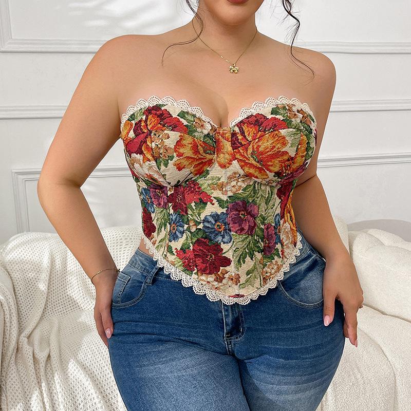 

Ретро французский корсет «рыбья кость» большого размера: Сексуальный кружевной топ-бюстье с цветочным принтом в европейском и американском стиле для женщин 3XL