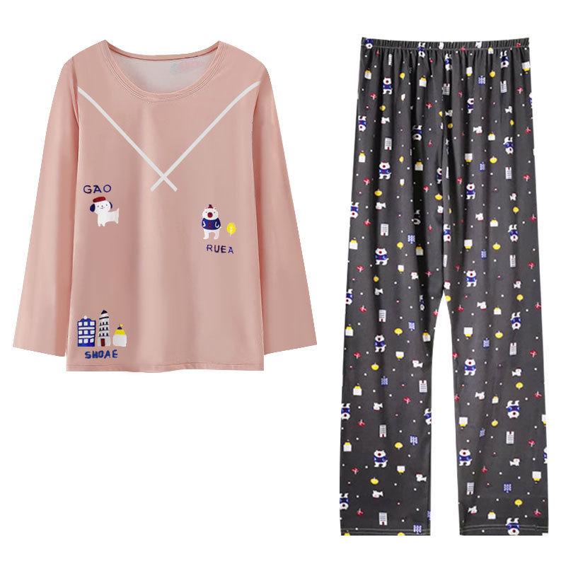 Women's Korean Style Pajama Set: Long Sleeve, Round Neck, Cute Cartoon Print, Comfortable for Spring & Autumn