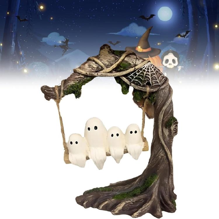 Unique Ghostly on Tree Swing Figurine Ornament Resins Craft Desktop Shelf Decors Perfect For Halloween Gift Collectors