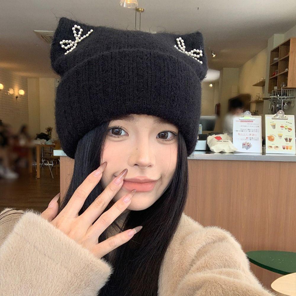 Bow Knitted Pullover Hat Fluffy Winter Wool Hat Keep Warm Cat Ears Beanie Hat  Girls