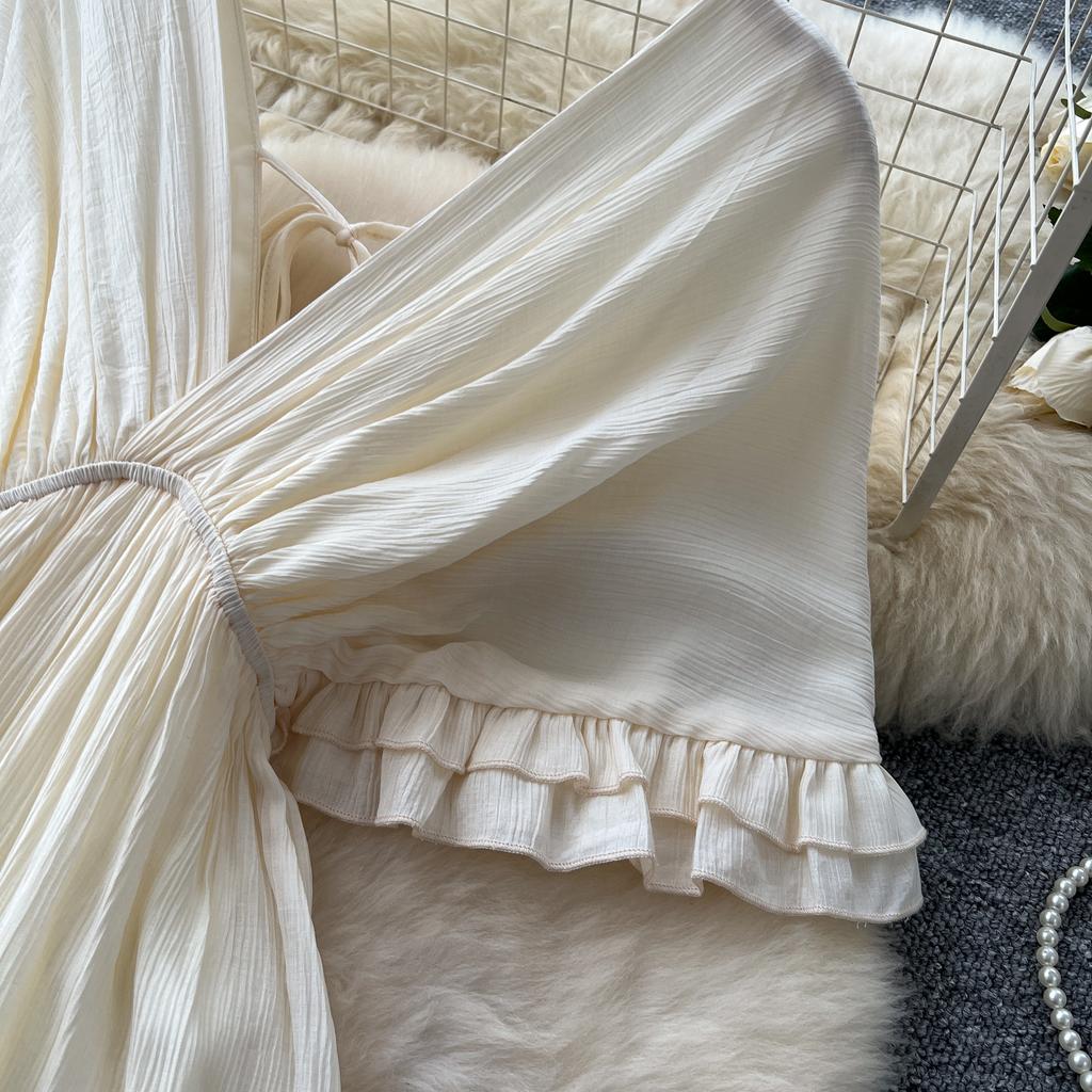 Summer Women Deep V-neck Ruffles Solid Chiffon Oversize Chic Boho Beach Holiday Long Maxi Dresses