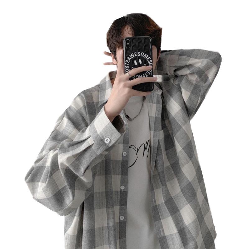 Herrskjorta i rutigt mönster i koreansk stil, Vår 2021 - Tonåring Långärmad, Lös passform, Trendig jacka
