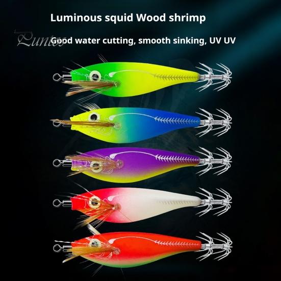 Squid Bait Luminous Fishing Lure with Steel Balls Wood Shrimp Cuttlefish Hard Bait for Sea Freshwater Fishing