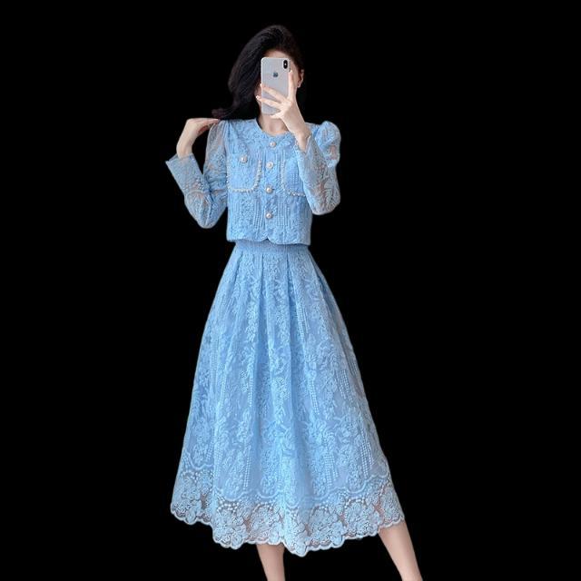 Lace Blouse Skirts Sets Solid Spring Autumn Korean Fashion 2 Pieces Set Women Outfits Elegant Conjunto Femenino