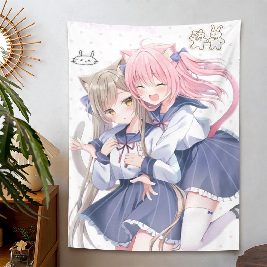 Kawaii Neko Girls Hugging Tapestry Anime Sailor Uniform Wall Hanging Pink Aesthetic Room Decor Cool Room Stuff Background Cloth
