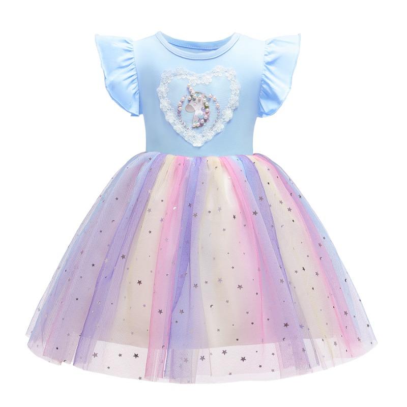 Girls Kids Summer Thin Knitted Tulle Rainbow Unicorn Princess Dress