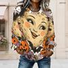 Women Plus Size Round Neck Long Sleeve Cartoon Moon Pumpkin Printed Top Curved Hem